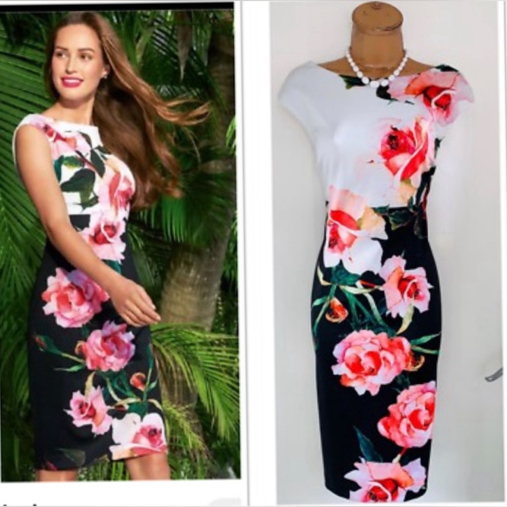 Joseph Ribkoff, Bright Pink Floral Sheath Midi Dress
